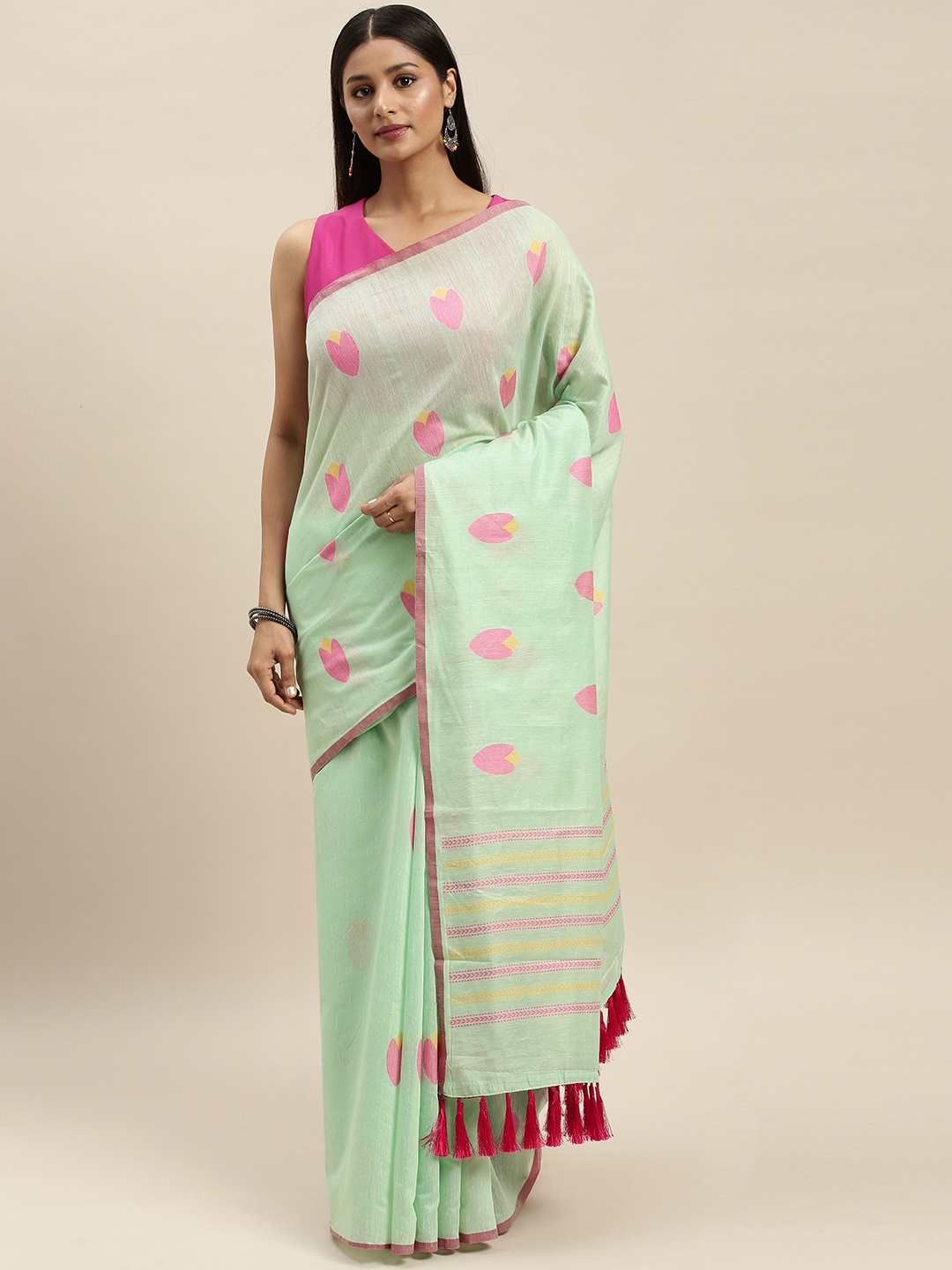 

VASTRANAND Sea Green Linen Blend Woven Design Banarasi Saree