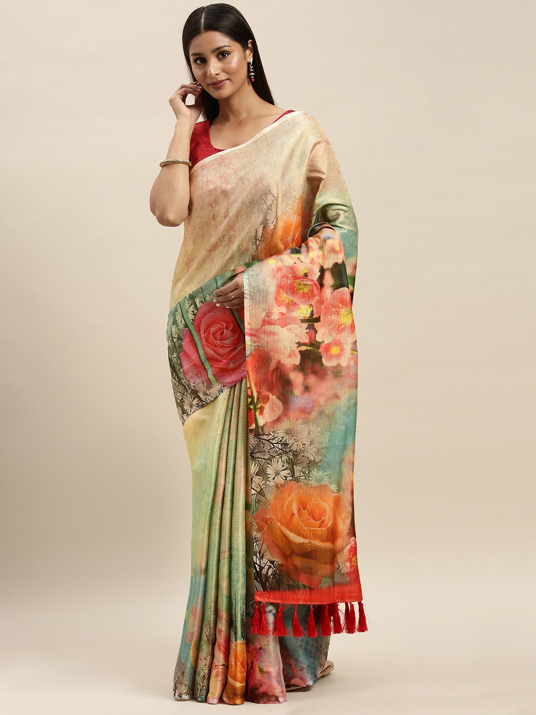

VASTRANAND Multicoloured Art Silk Printed Maheshwari Saree, Multi