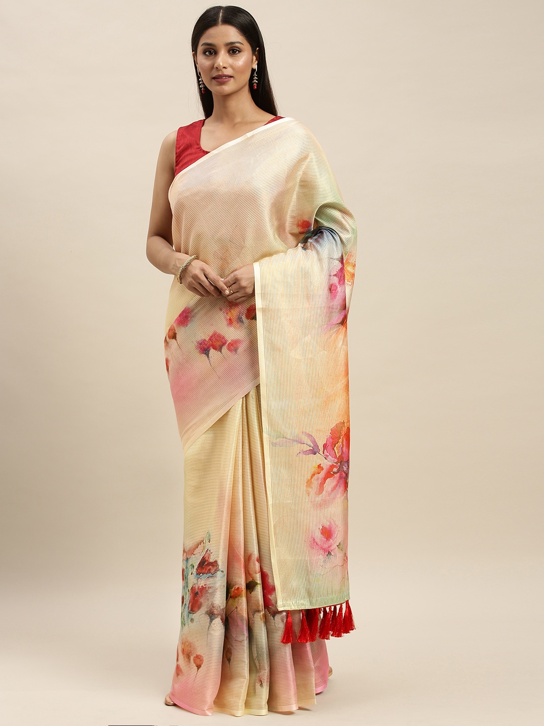 

VASTRANAND Cream-Coloured Art Silk Printed Maheshwari Saree