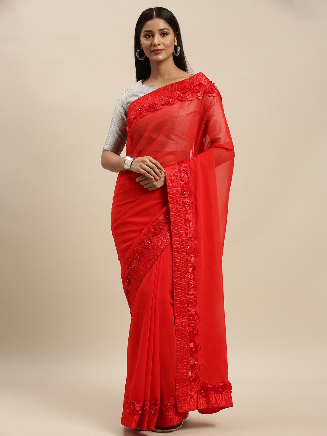 

VASTRANAND Red Embellished Poly Georgette Saree