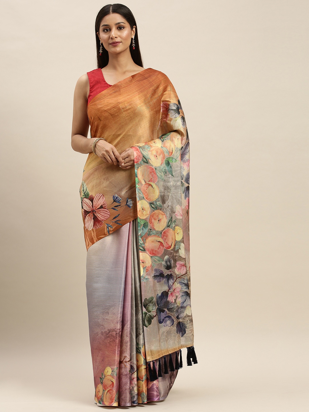 

VASTRANAND Coffee Brown Art Silk Printed Maheshwari Saree