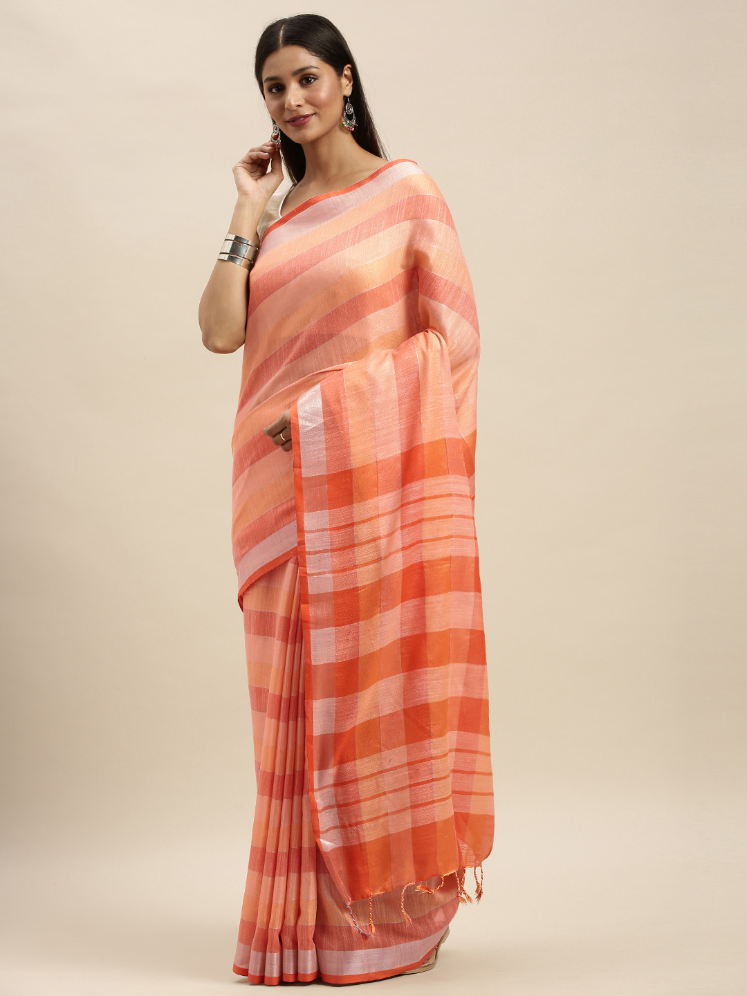 

VASTRANAND Orange Striped Linen Blend Saree