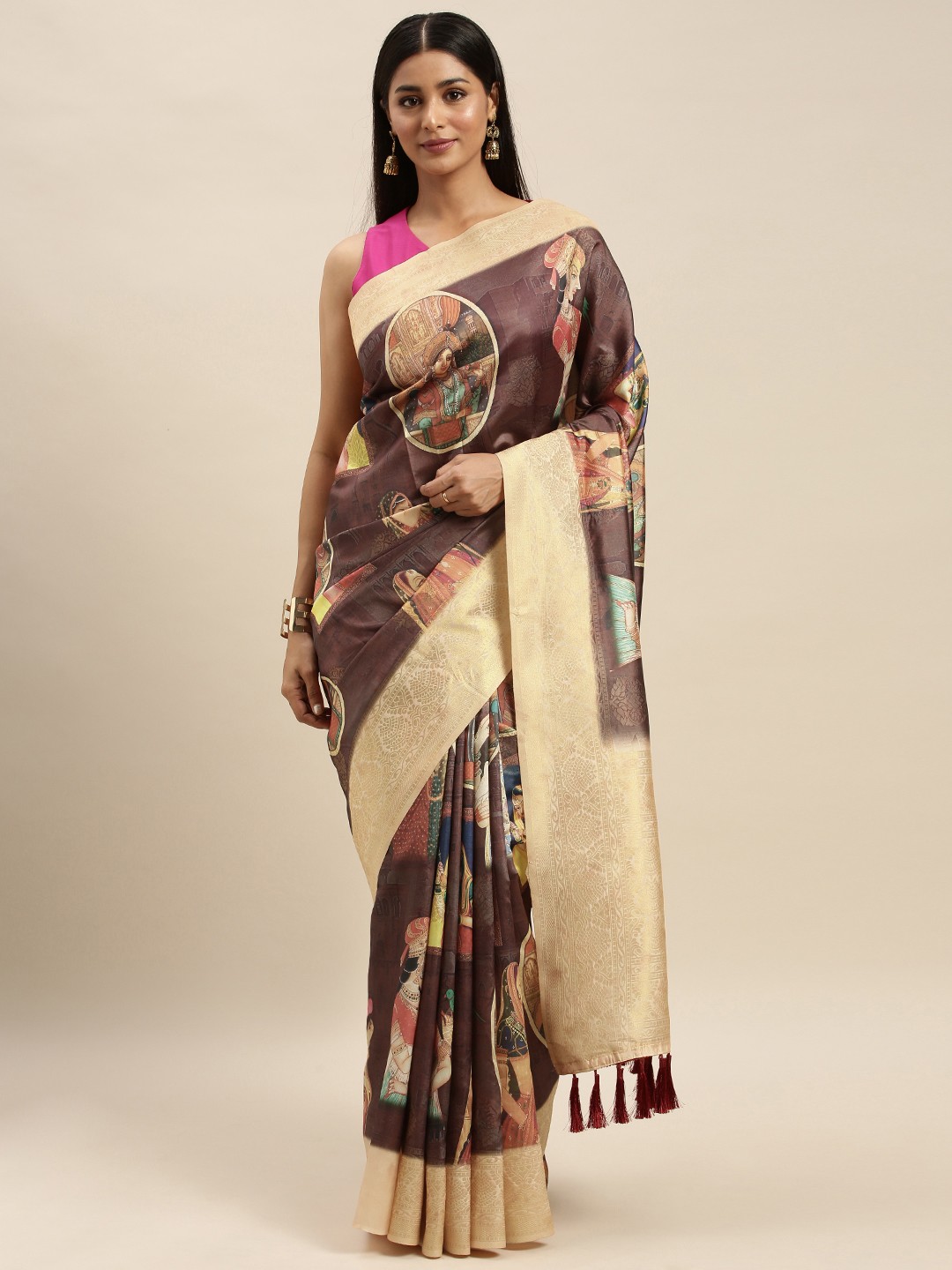 

VASTRANAND Brown & Off-White Silk Blend Printed Banarasi Saree
