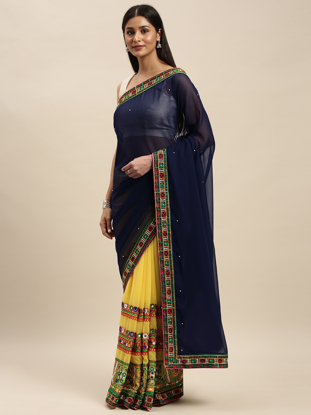 

VASTRANAND Yellow & Navy Blue Pure Georgette Embroidered Bandhani Saree