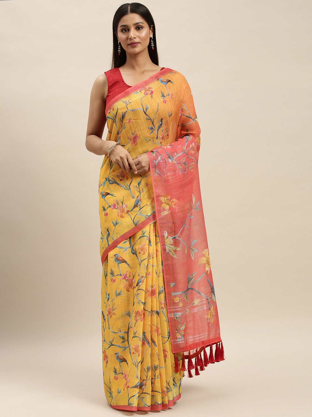 

VASTRANAND Mustard Yellow & Red Linen Blend Digital Printed Saree