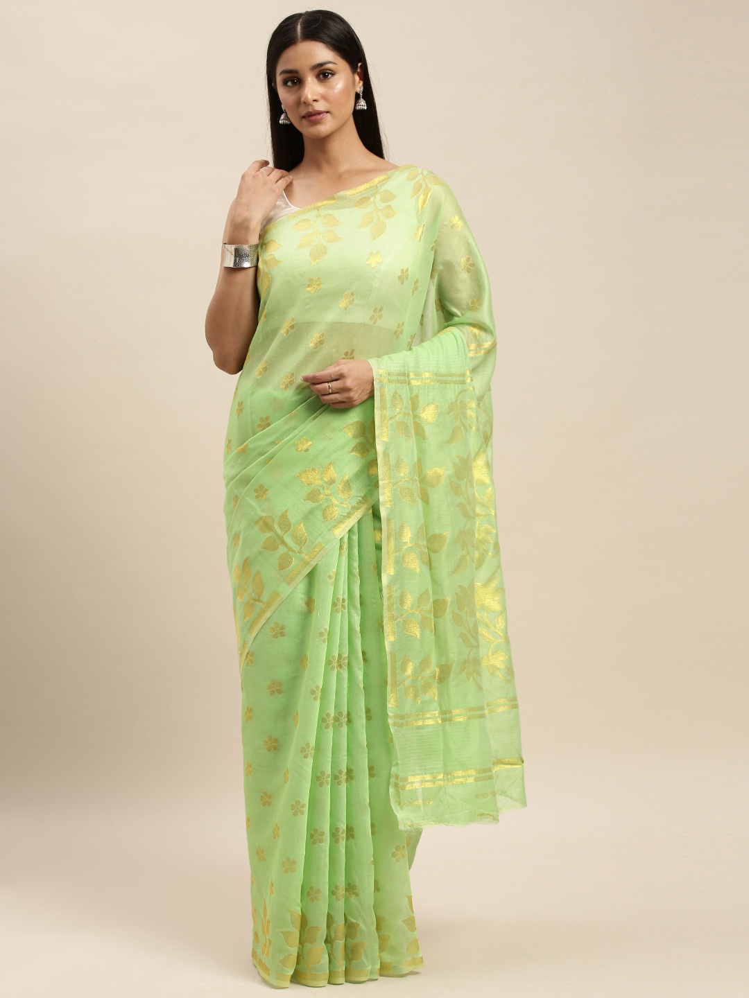 

VASTRANAND Green & Gold-Toned Silk Cotton Woven Design Jamdani Saree