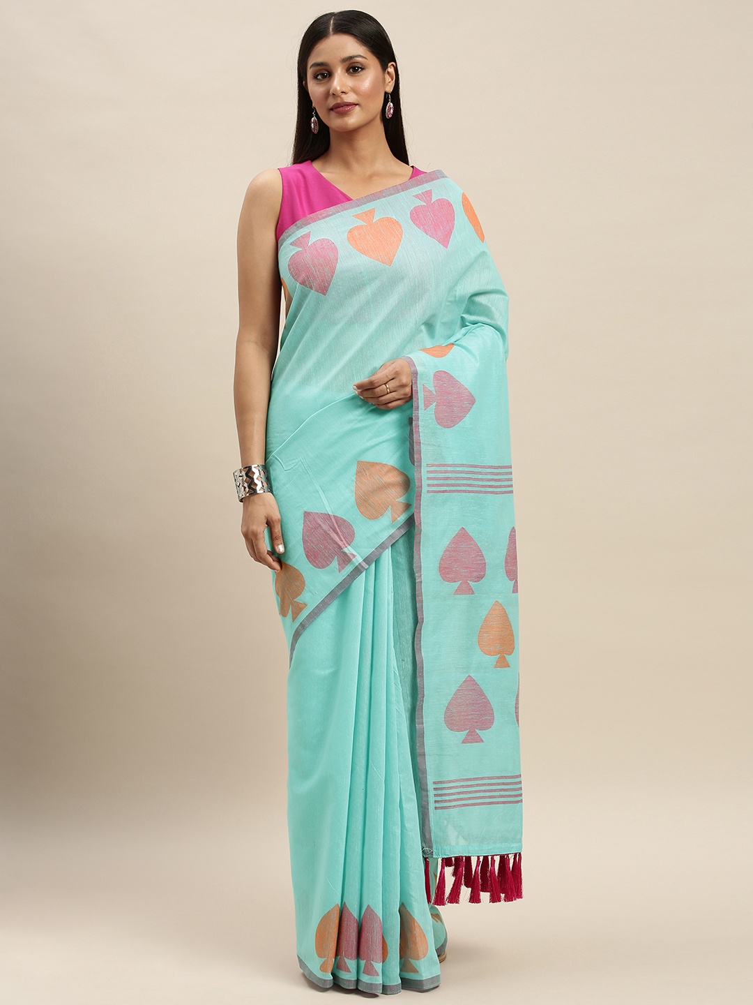 

VASTRANAND Turquoise Blue & Pink Linen Blend Solid Saree