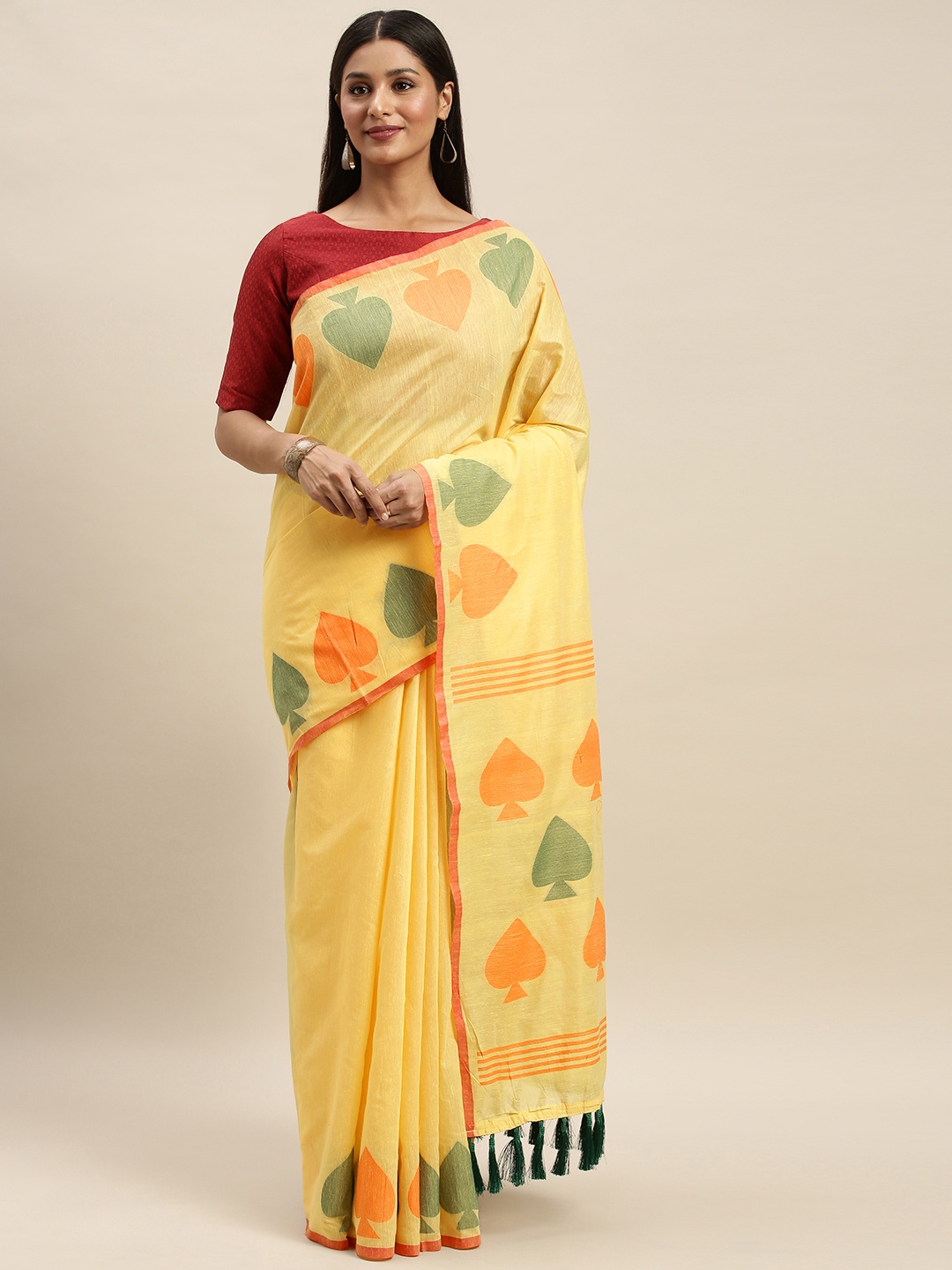 

VASTRANAND Yellow & Green Linen Blend Solid Saree