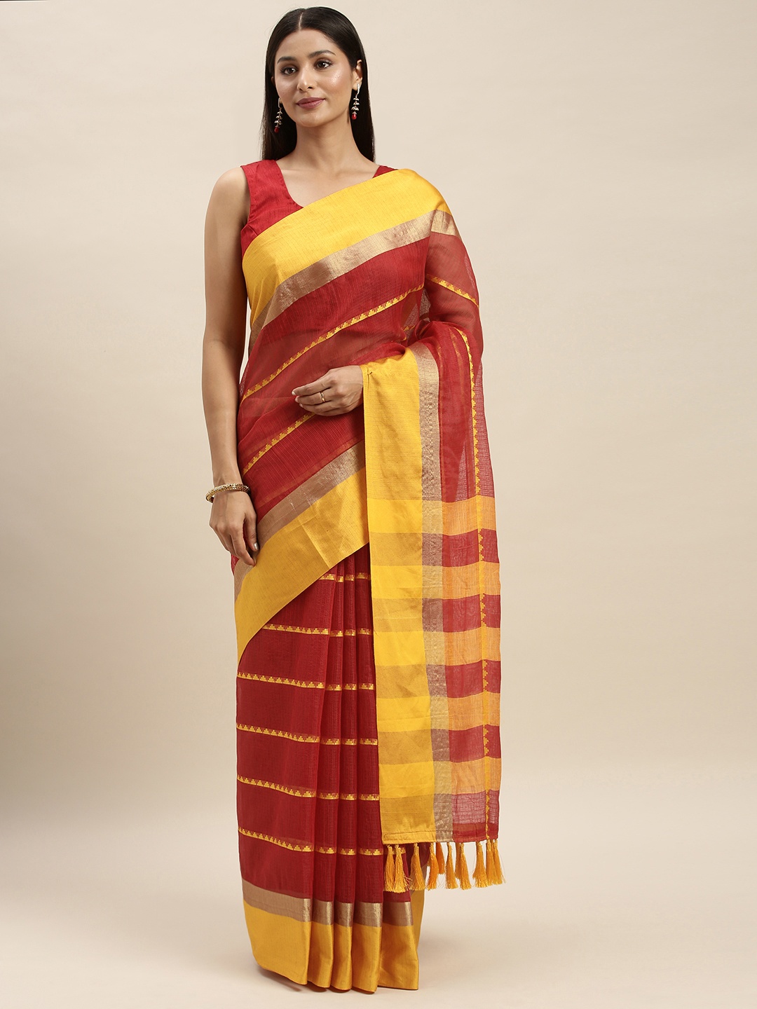 

VASTRANAND Maroon & Yellow Supernet Striped Kota Saree