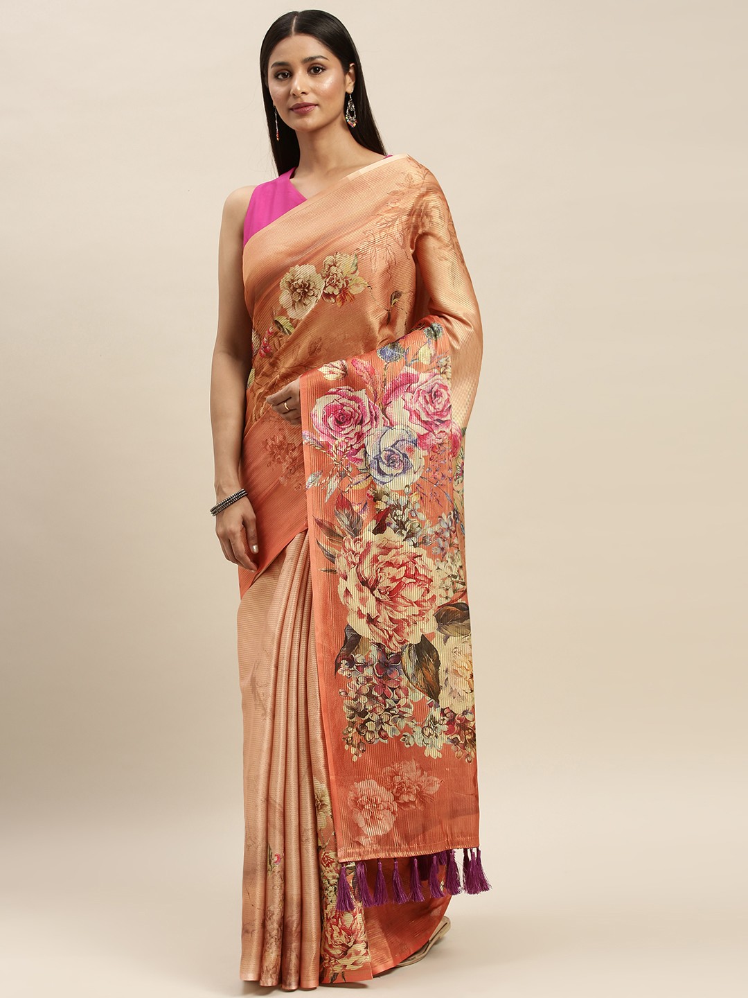 

VASTRANAND Cream-Coloured & Orange Art Silk Printed Maheshwari Saree