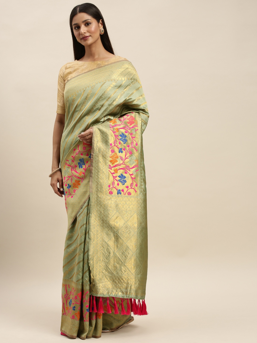 

VASTRANAND Olive Green & Gold-Toned Silk Cotton Woven Design Banarasi Saree