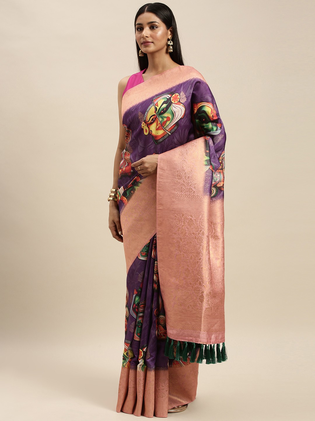 

VASTRANAND Purple & Peach-Coloured Silk Blend Printed Banarasi Saree