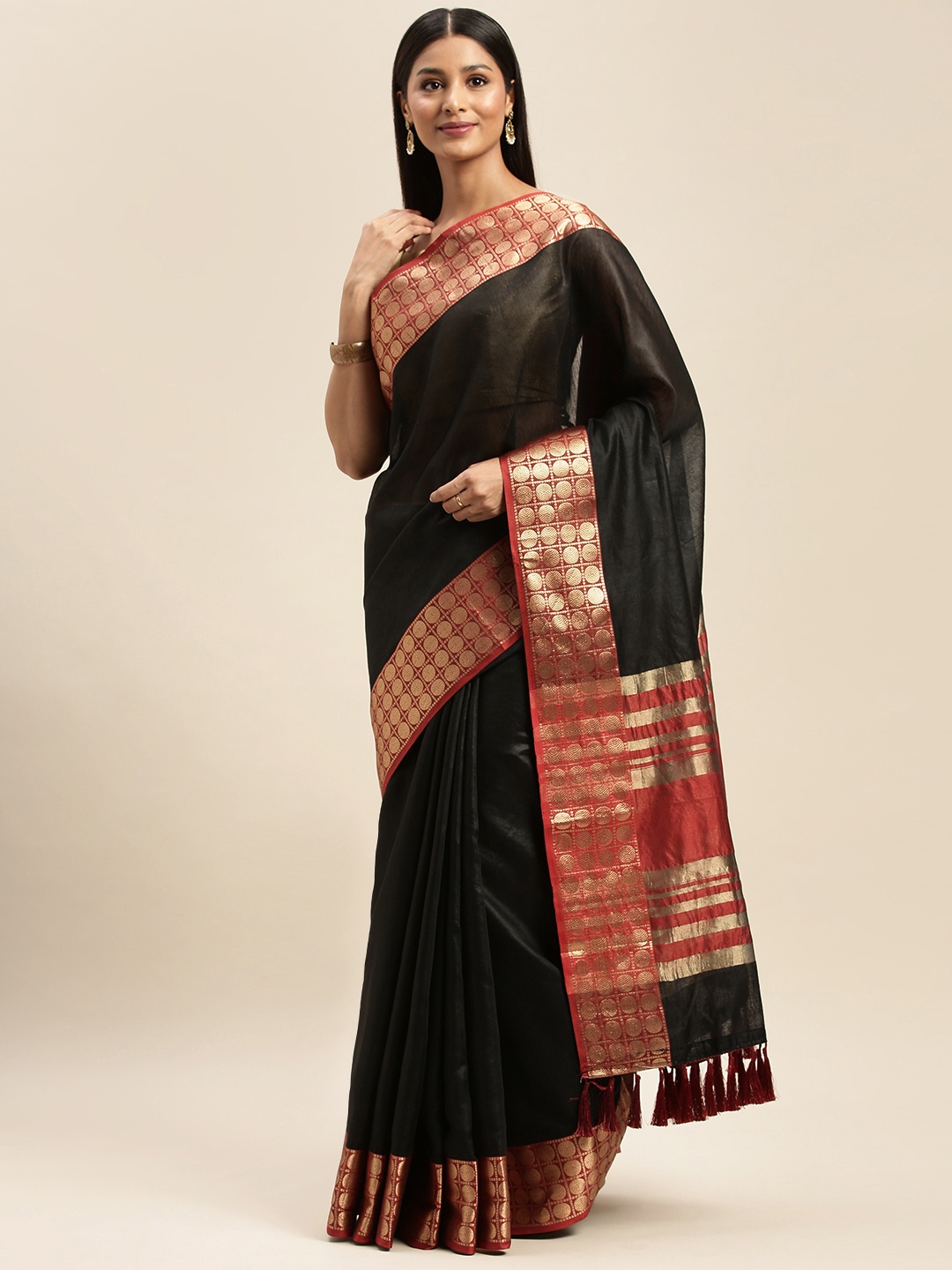 

VASTRANAND Black Polycotton Solid Banarasi Saree