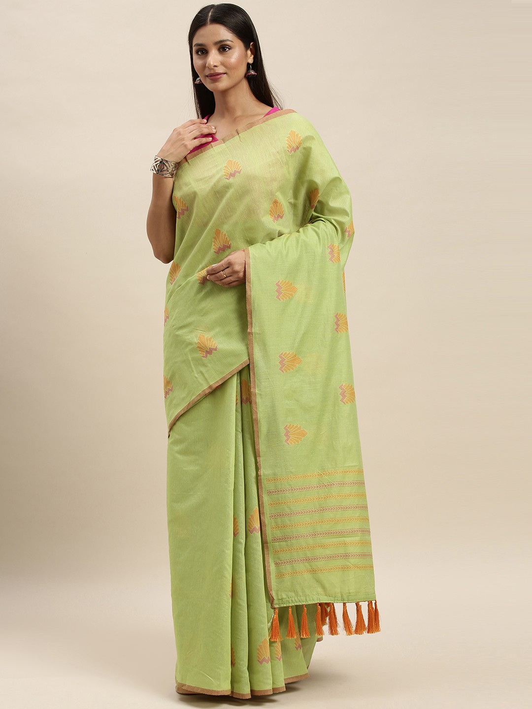 

VASTRANAND Lime Green & Mustard Yellow Linen Blend Woven Design Banarasi Saree