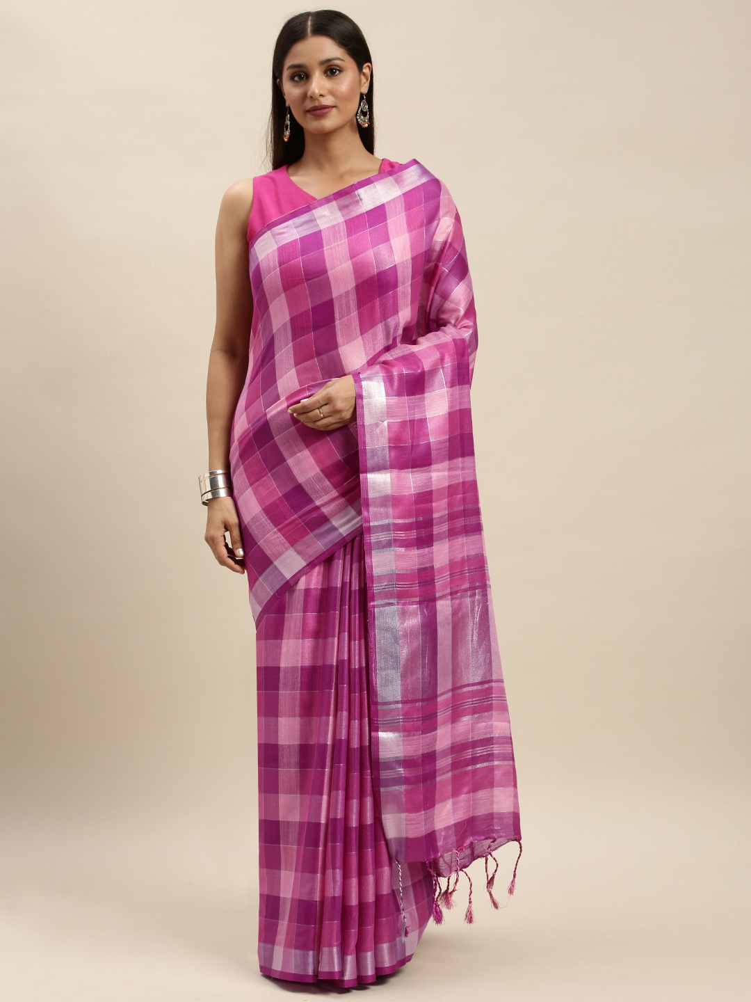 

VASTRANAND Purple Checked Linen Blend Saree