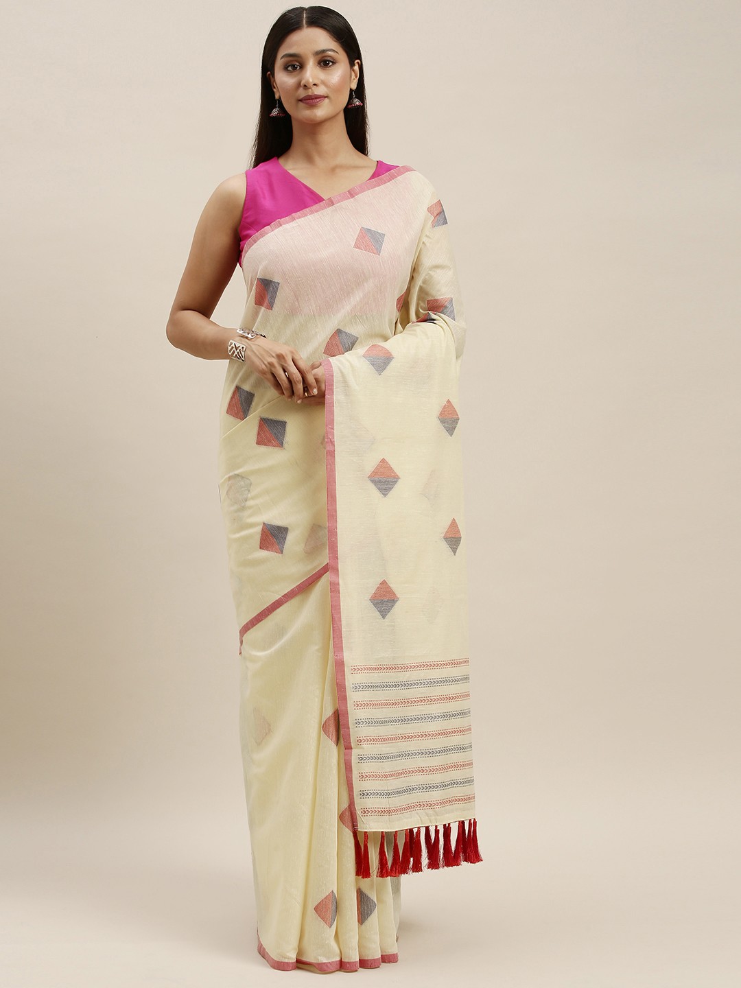 

VASTRANAND Cream-Coloured Linen Blend Woven Design Banarasi Saree