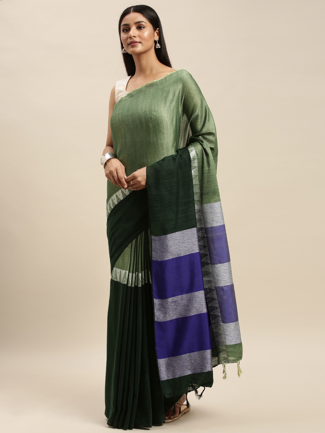 

VASTRANAND Olive Green & Blue Linen Blend Colourblocked Banarasi Saree