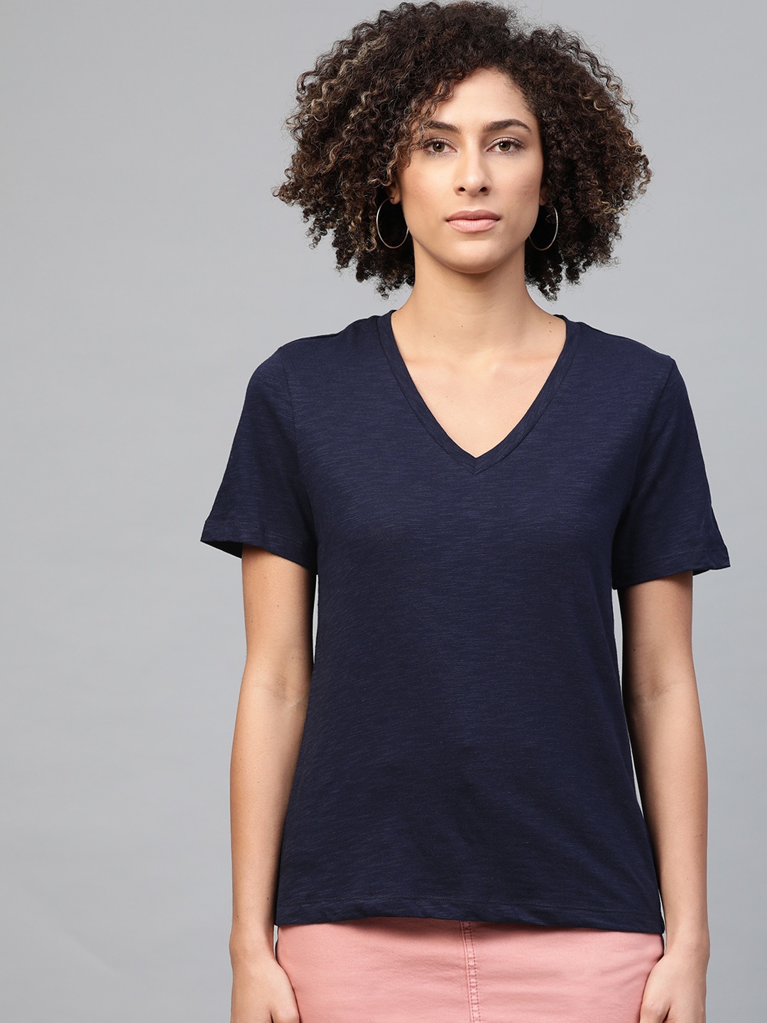 

Marks Spencer Women Navy Blue Solid V-Neck Pure Cotton T-shirt