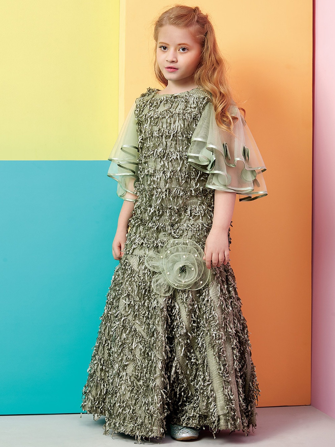 

Peppermint Girls Olive Green Embellished Ruffled Maxi Dress