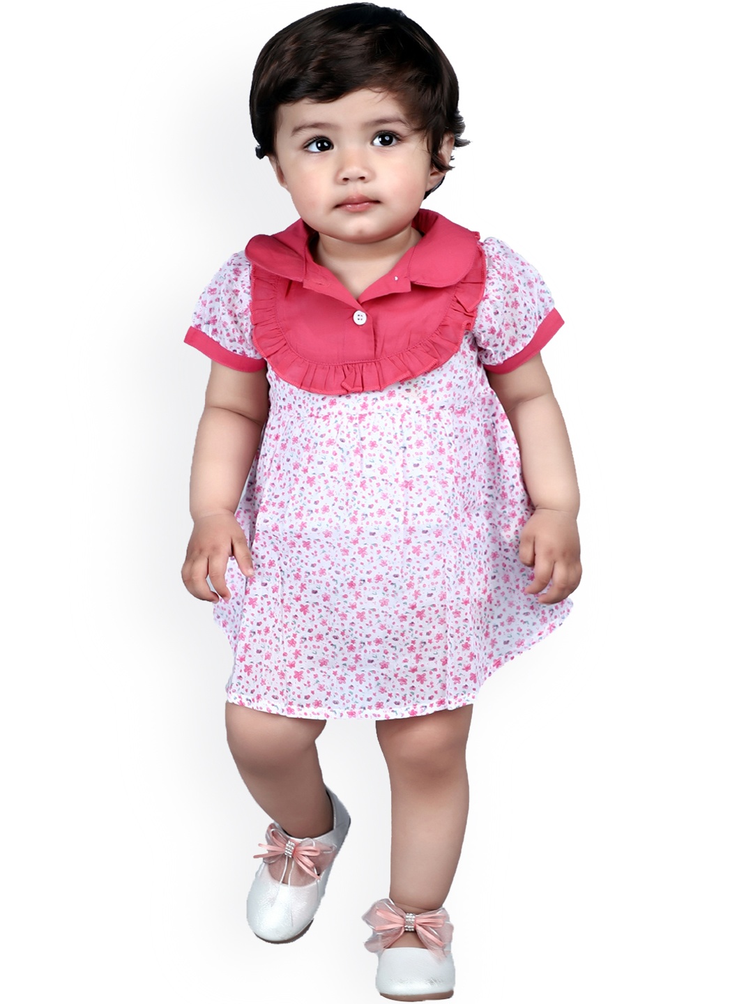 

Nino Bambino Girls Pink Floral Organic Cotton Sustainable Printed Mini Fit & Flare Apron Dress