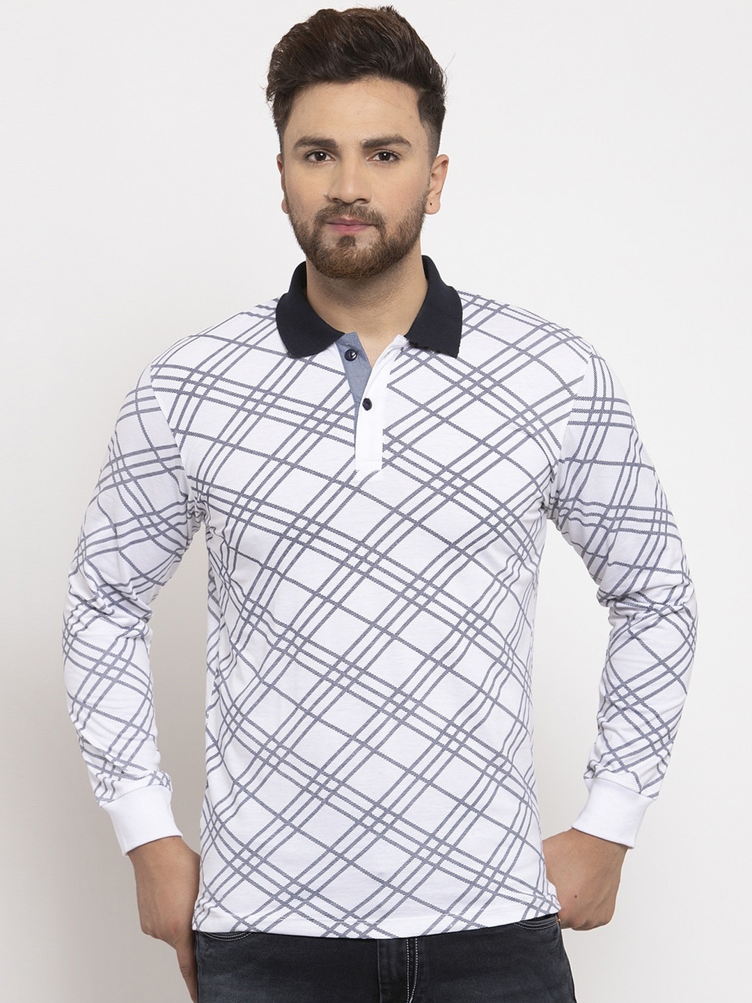 

WILD WEST Men White & Blue Checked Polo Collar T-shirt