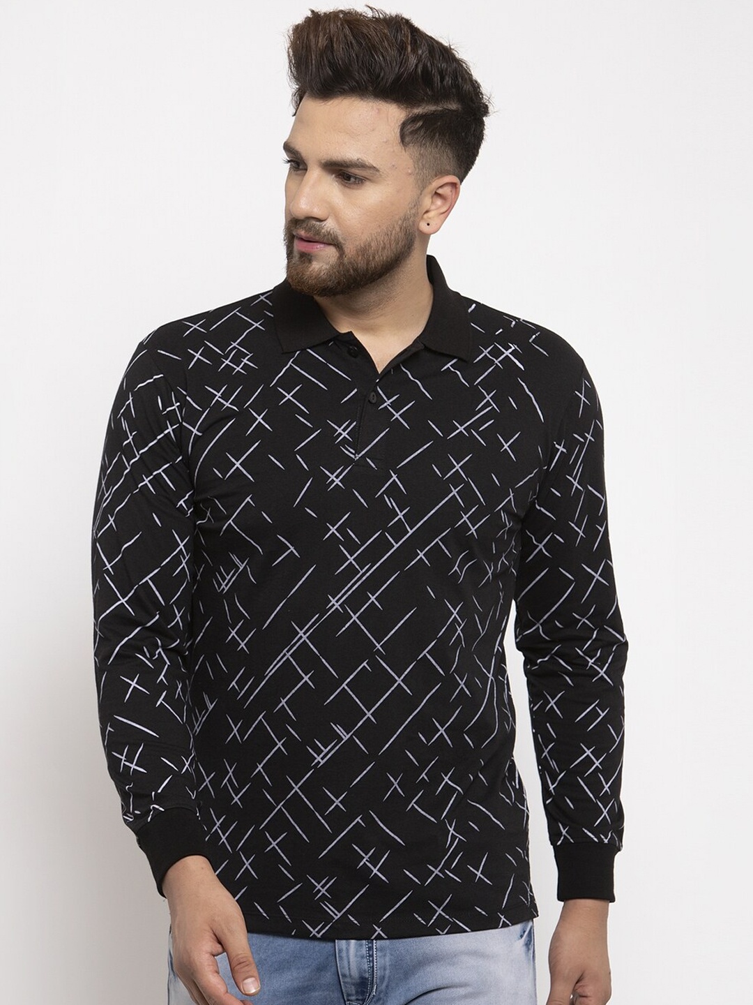 

WILD WEST Men Black & White Printed Polo Collar T-shirt