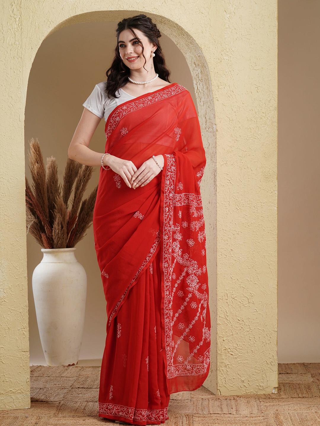 

ADA Red & White Chikankari Embroidered Handloom Saree