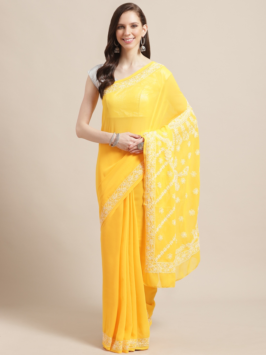 

ADA Yellow & White Chikankari Embroidered Sustainable Saree