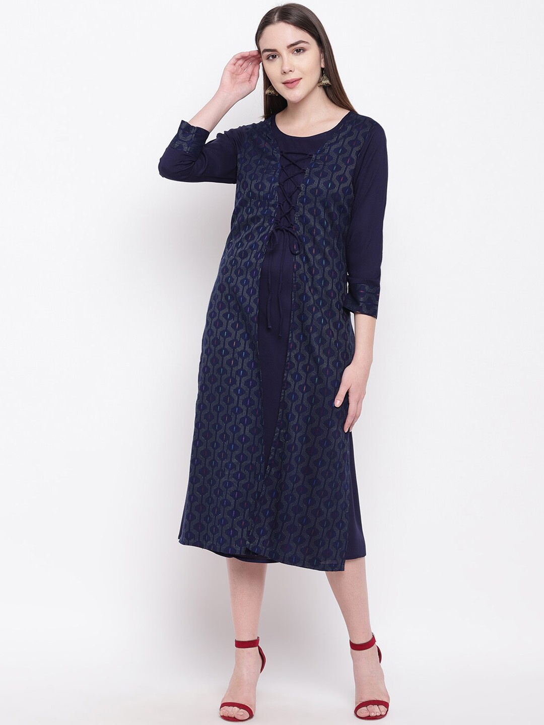 

RIVI Women Blue Printed A-Line Dress