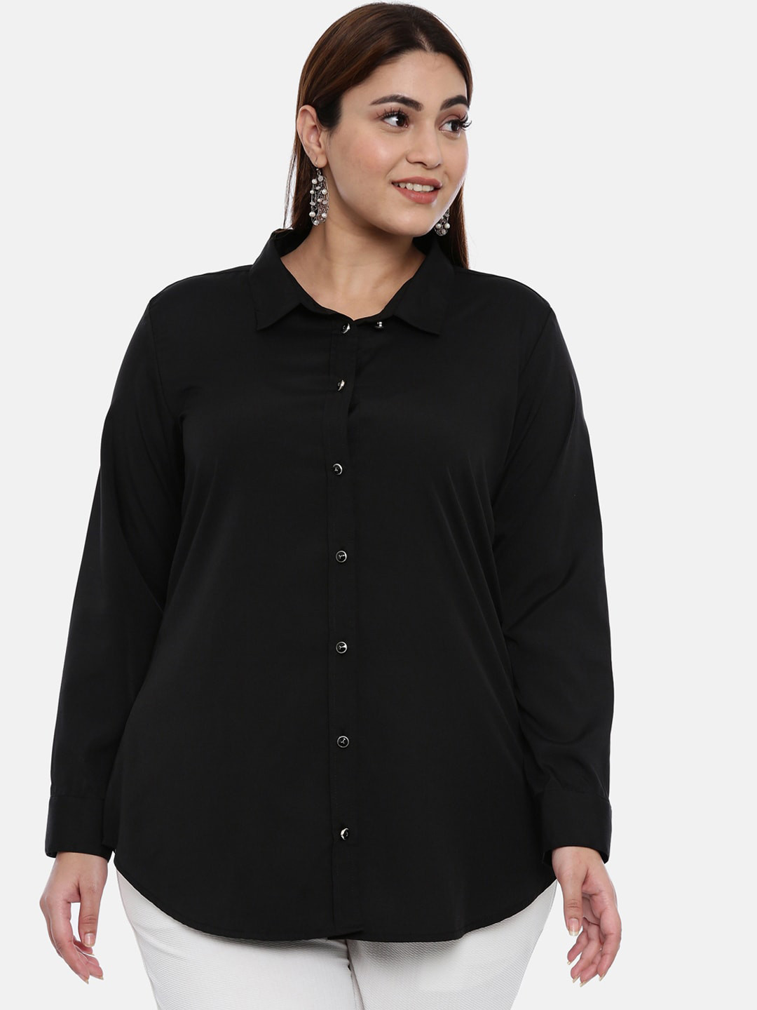 

The Pink Moon Women Black Regular Fit Solid Plus Size Semiformal Shirt