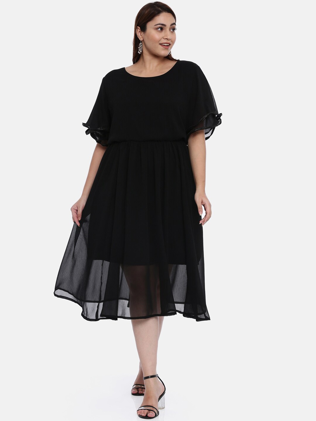 

The Pink Moon Black A-Line Dress With Flared Sleeves