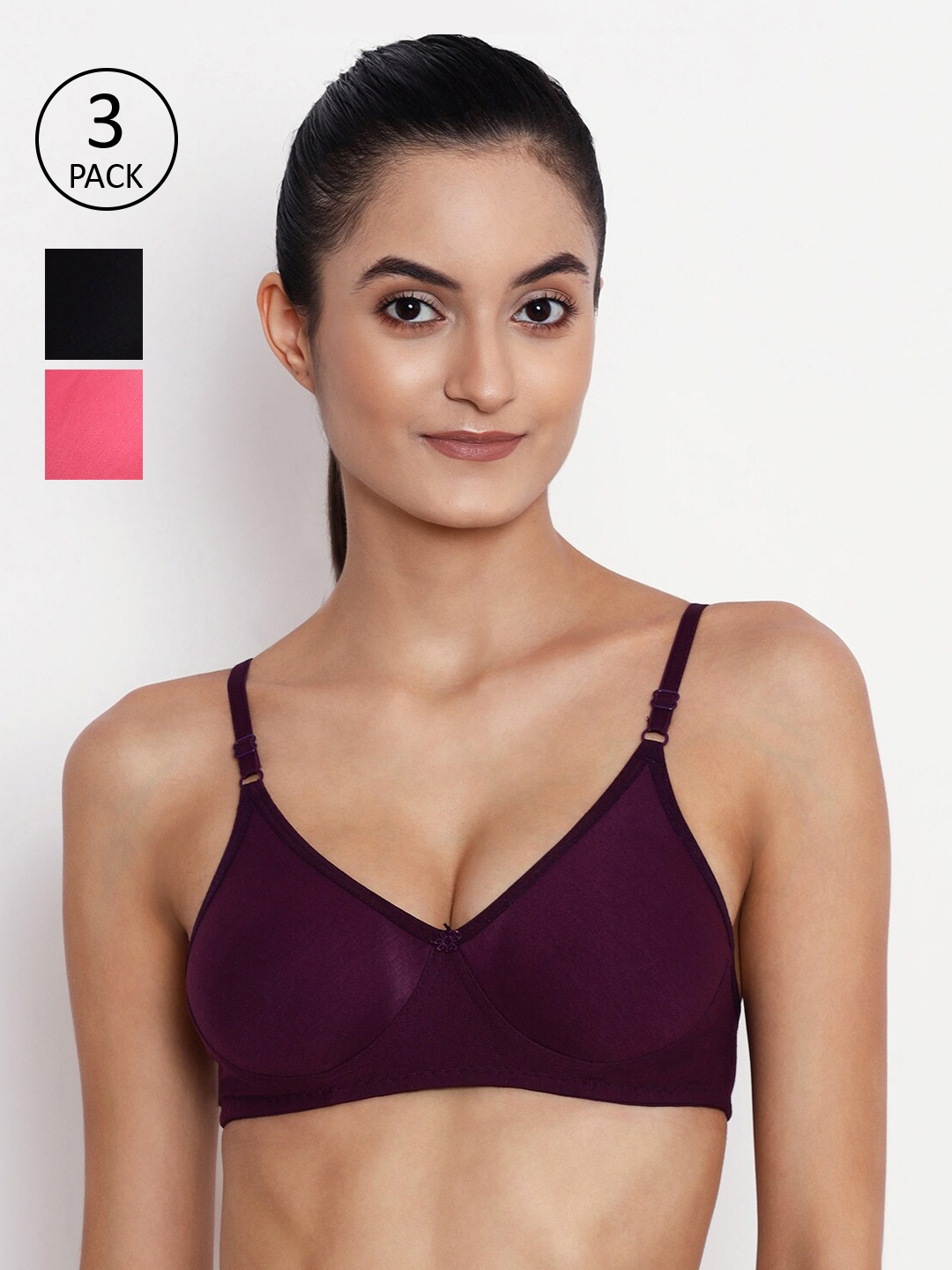 

ABELINO Black & Burgundy Pack of 3 Solid Non-Wired T-shirt Bra COMNSEEMBLKPNKPURP