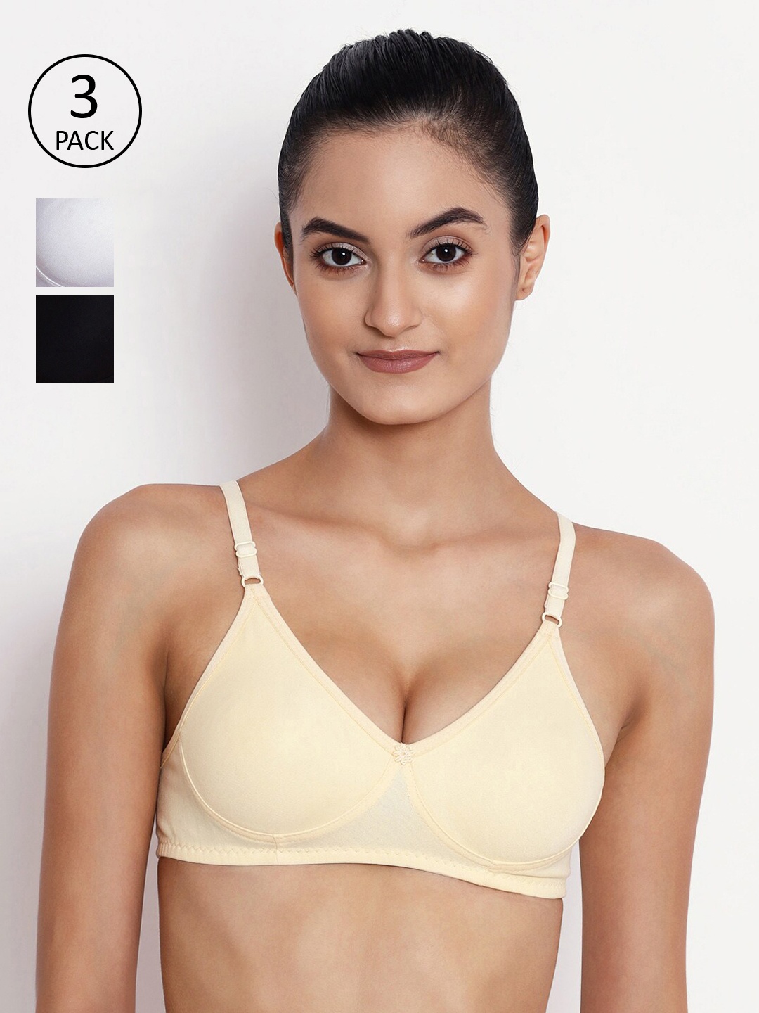 

ABELINO Pack Of 3 Solid Non-Wired Non Padded T-shirt Bra COMNSEEMSKINWHITEBLK, Beige