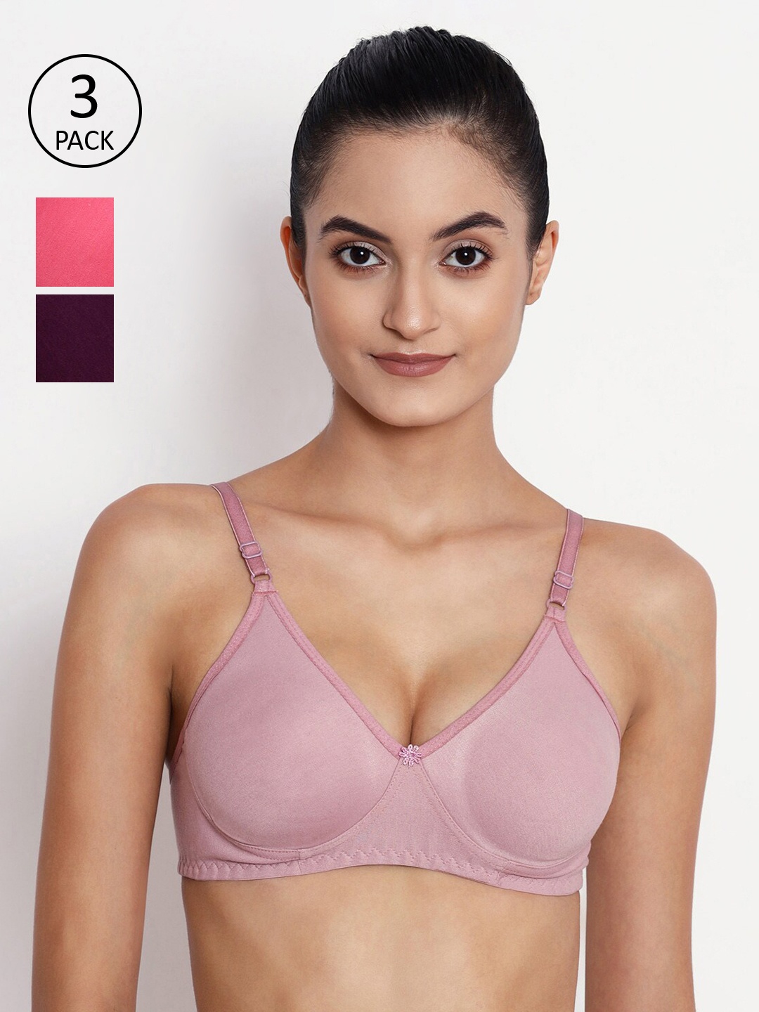 

ABELINO Pink & Purple Pack of 3 Solid Non-Wired Non Padded T-shirt Bra COMNSEEMPNKPURPBGE