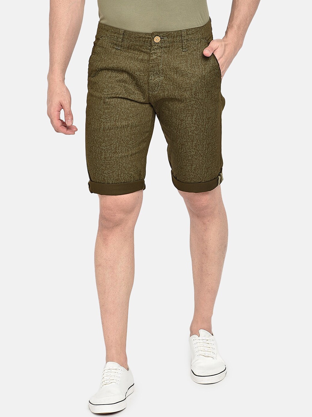 

beevee Men Olive Green Printed Slim Fit Regular Shorts
