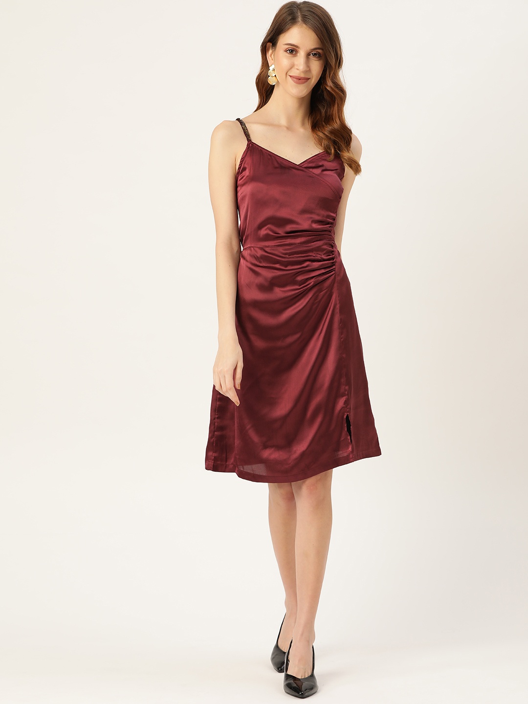 

Antheaa Women Maroon Satin Finish Solid Wrap Dress