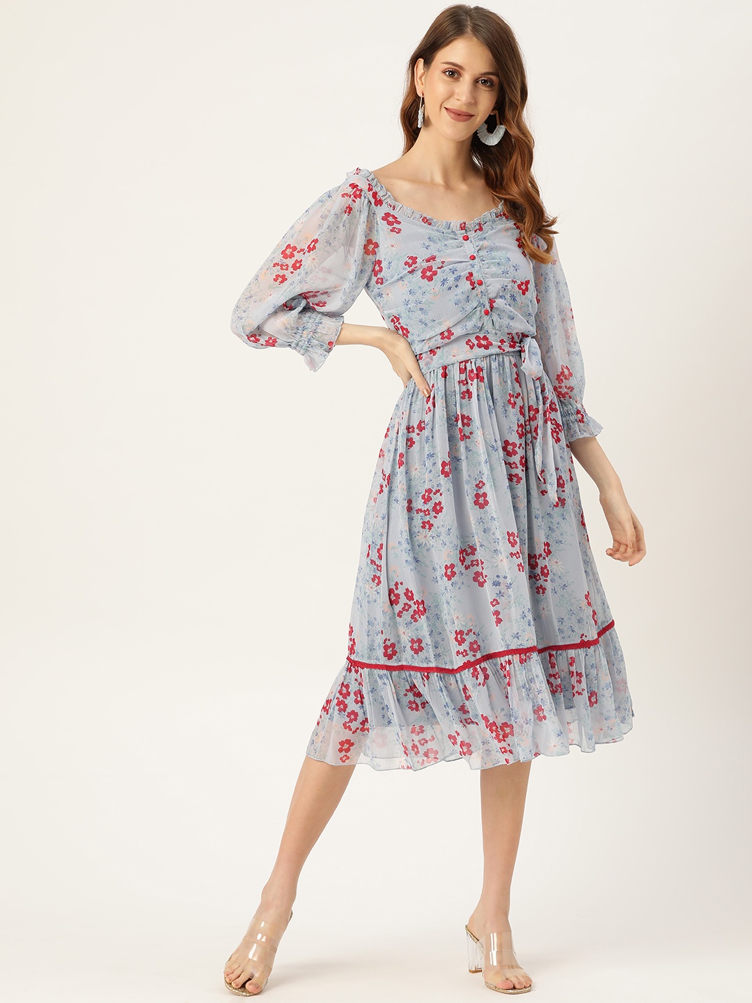 

Antheaa Women Blue & Red Floral Print A-Line Dress