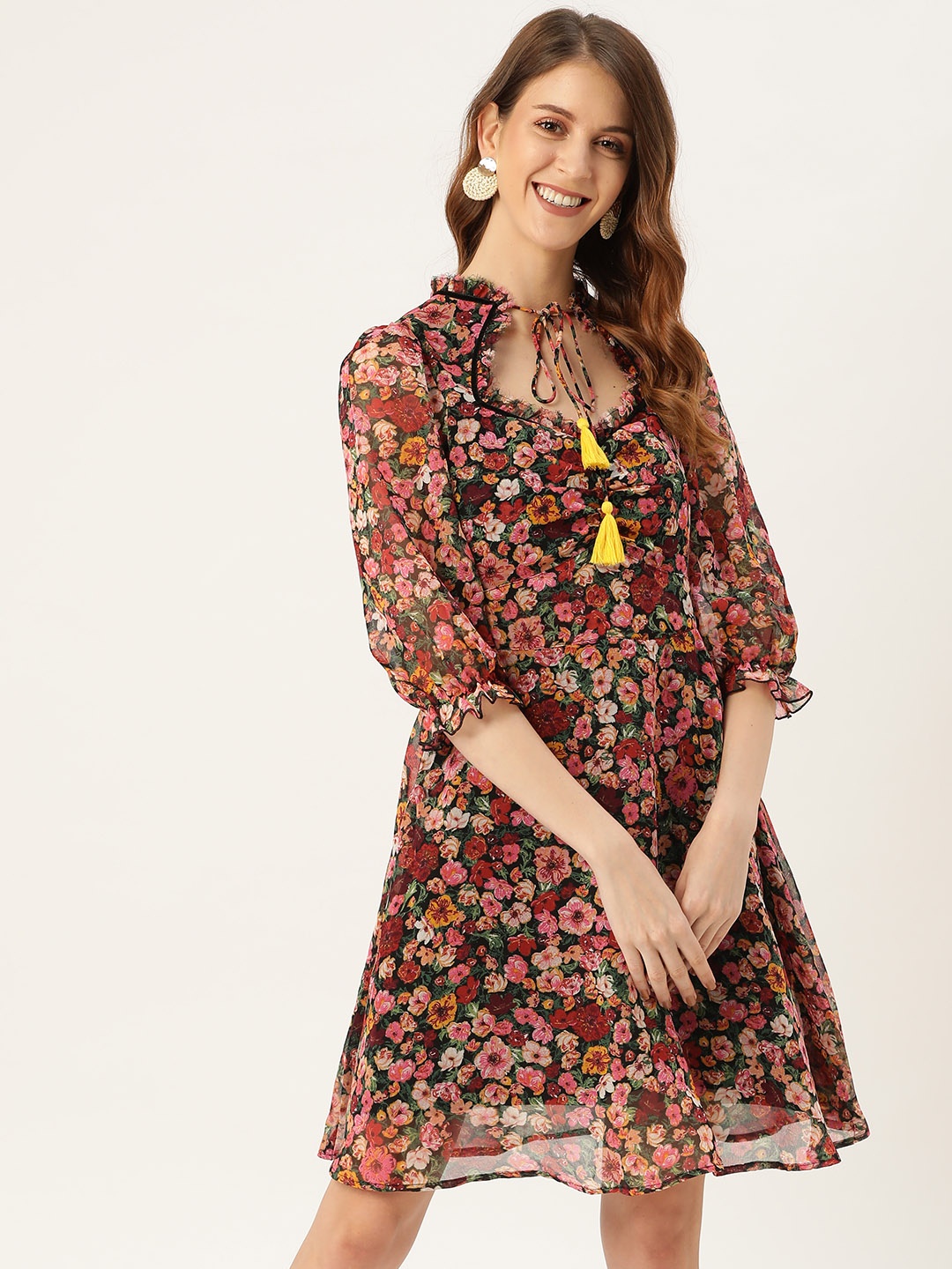 

Antheaa Women Black & Pink Floral Print A-Line Dress