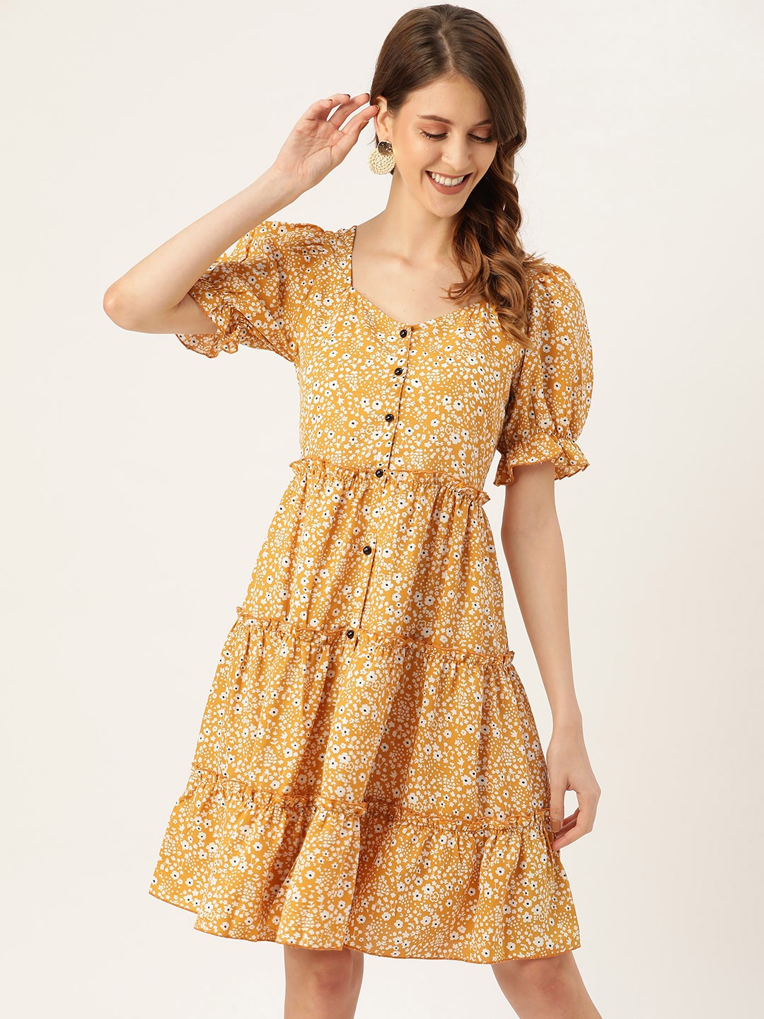 

Antheaa Women Mustard Yellow & White Floral Print Tiered A-Line Dress