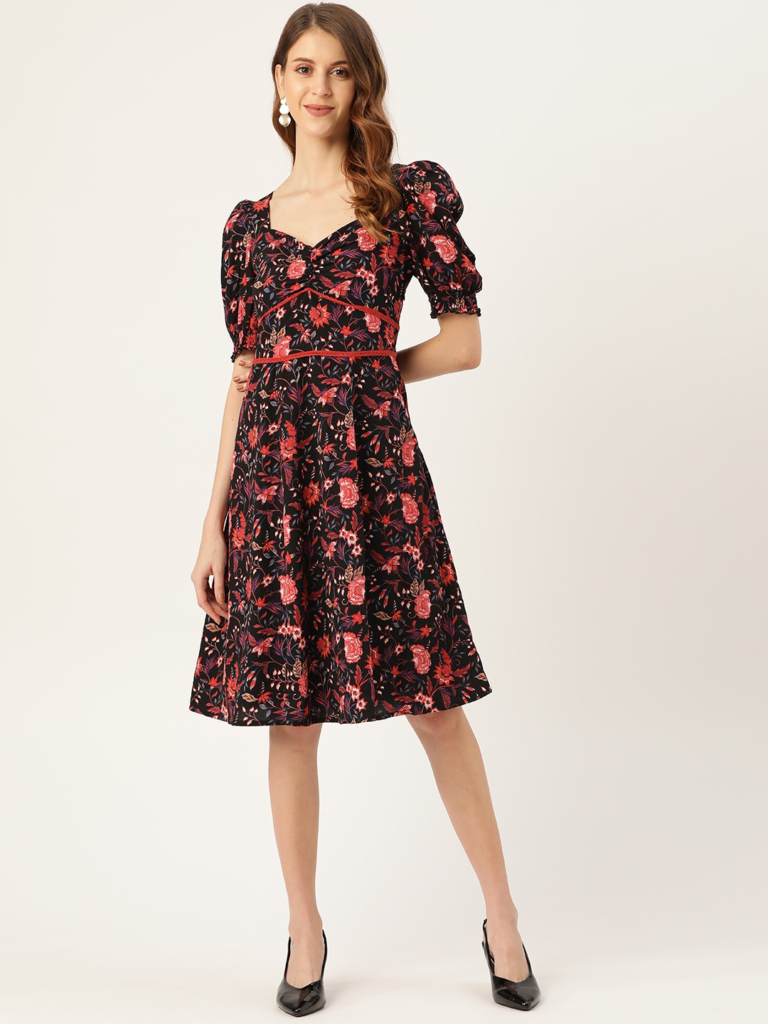 

Antheaa Women Black & Red Floral Print Puff Sleeves Fit and Flare Dress