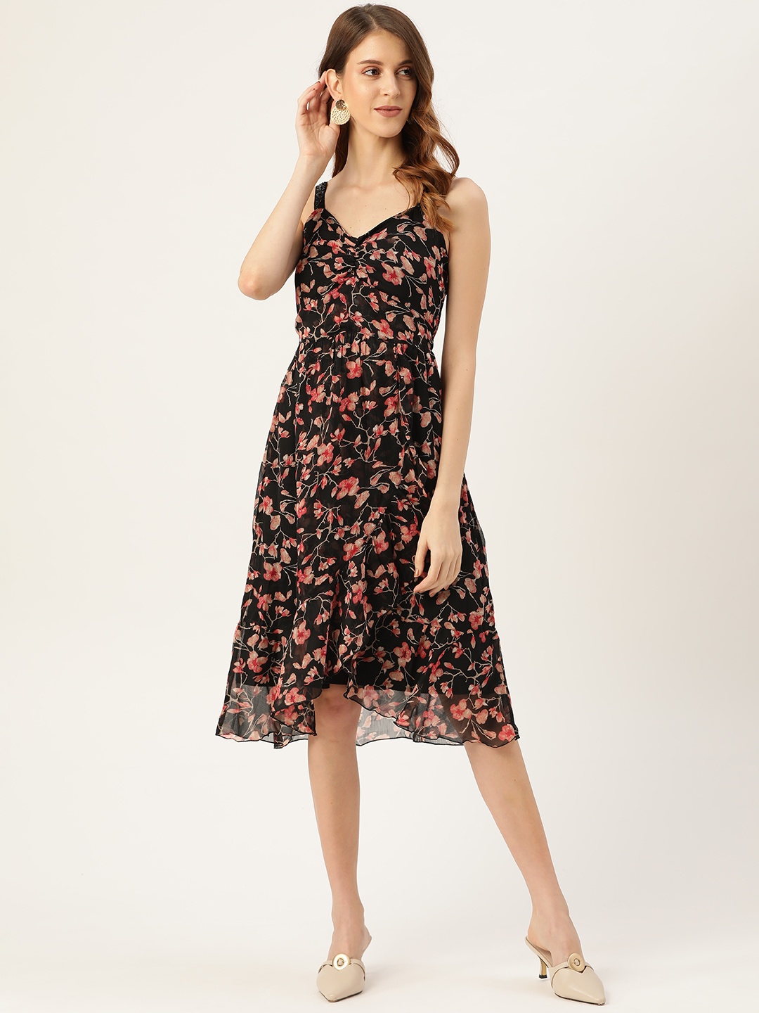 

Antheaa Women Black & Pink Floral Printed A-Line Dress