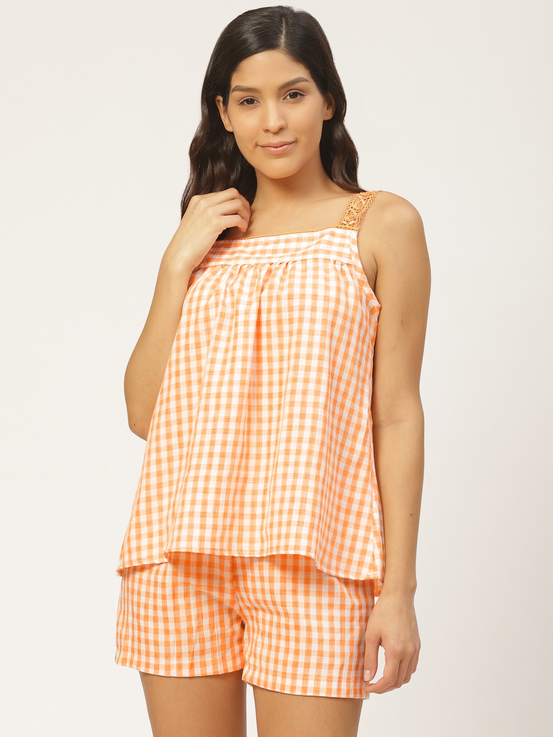 

pinwheel Women Orange & White Checked Night Suit
