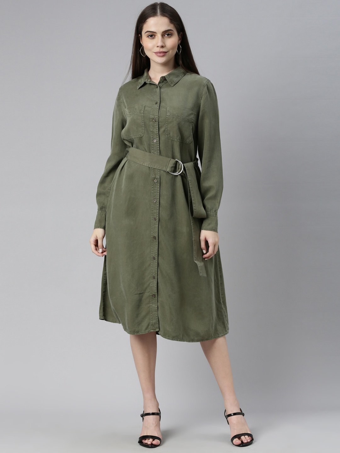 

Marks & Spencer Women Olive Green Solid Shirt Dress