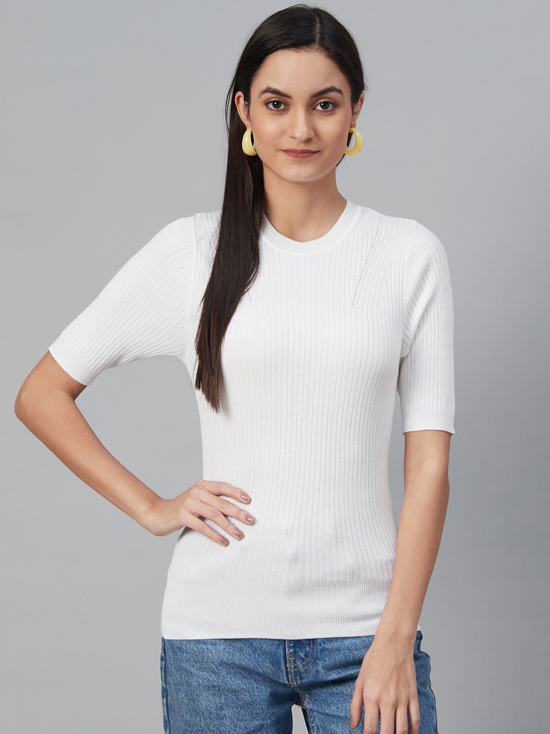 

Marks & Spencer Women White Ribbed Winter Fitted Top