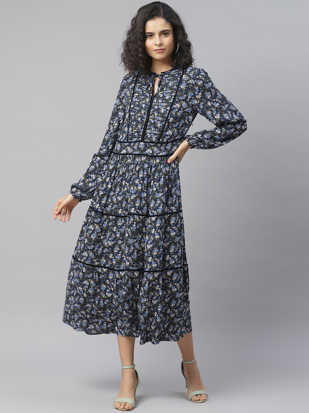 

Marks & Spencer Women Navy Blue & White Floral Print A-Line Tiered Dress