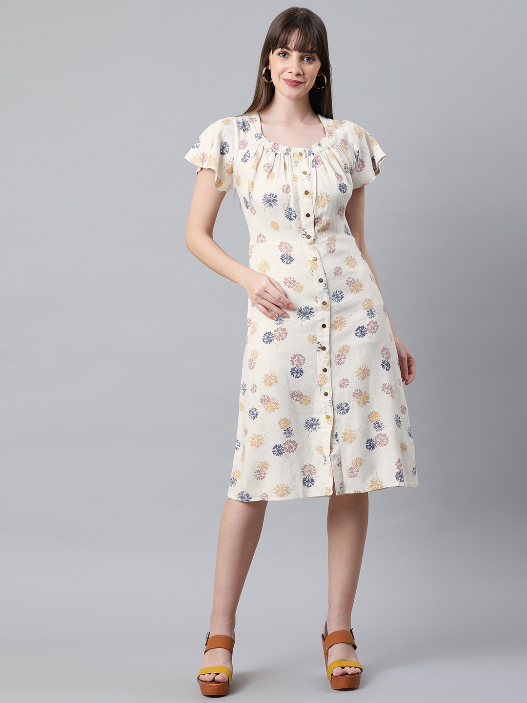 

Marks & Spencer Women Off-White &Navy Blue Floral Printed A-Line Dress