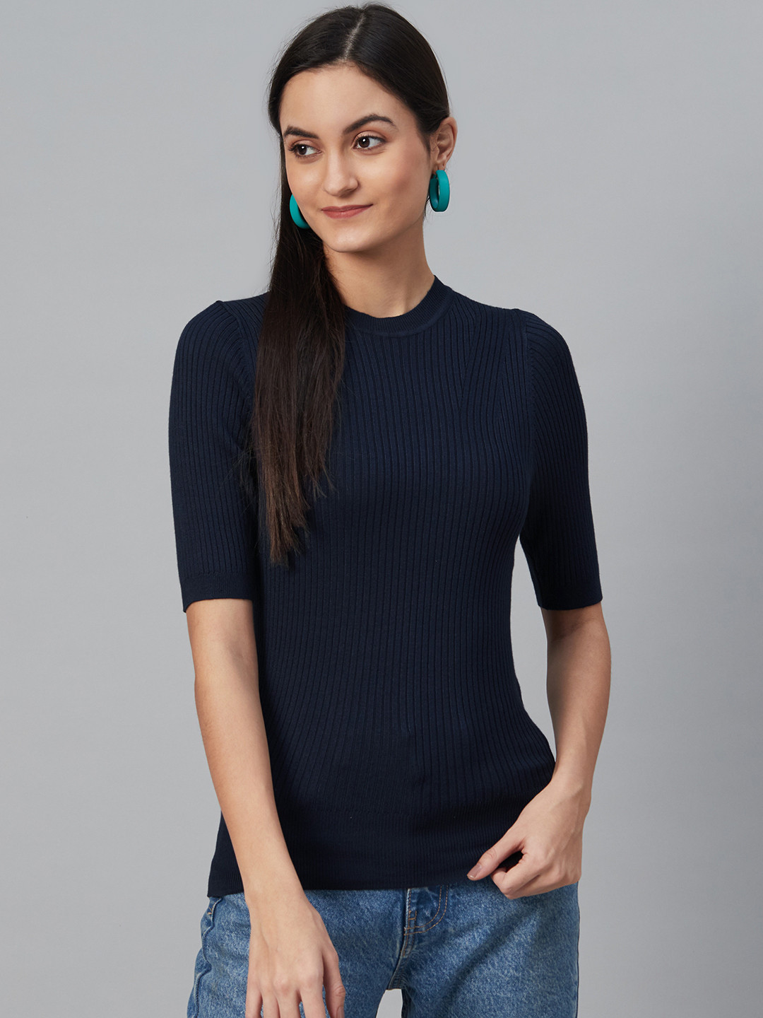

Marks & Spencer Women Navy Blue Ribbed Winter Fitted Top