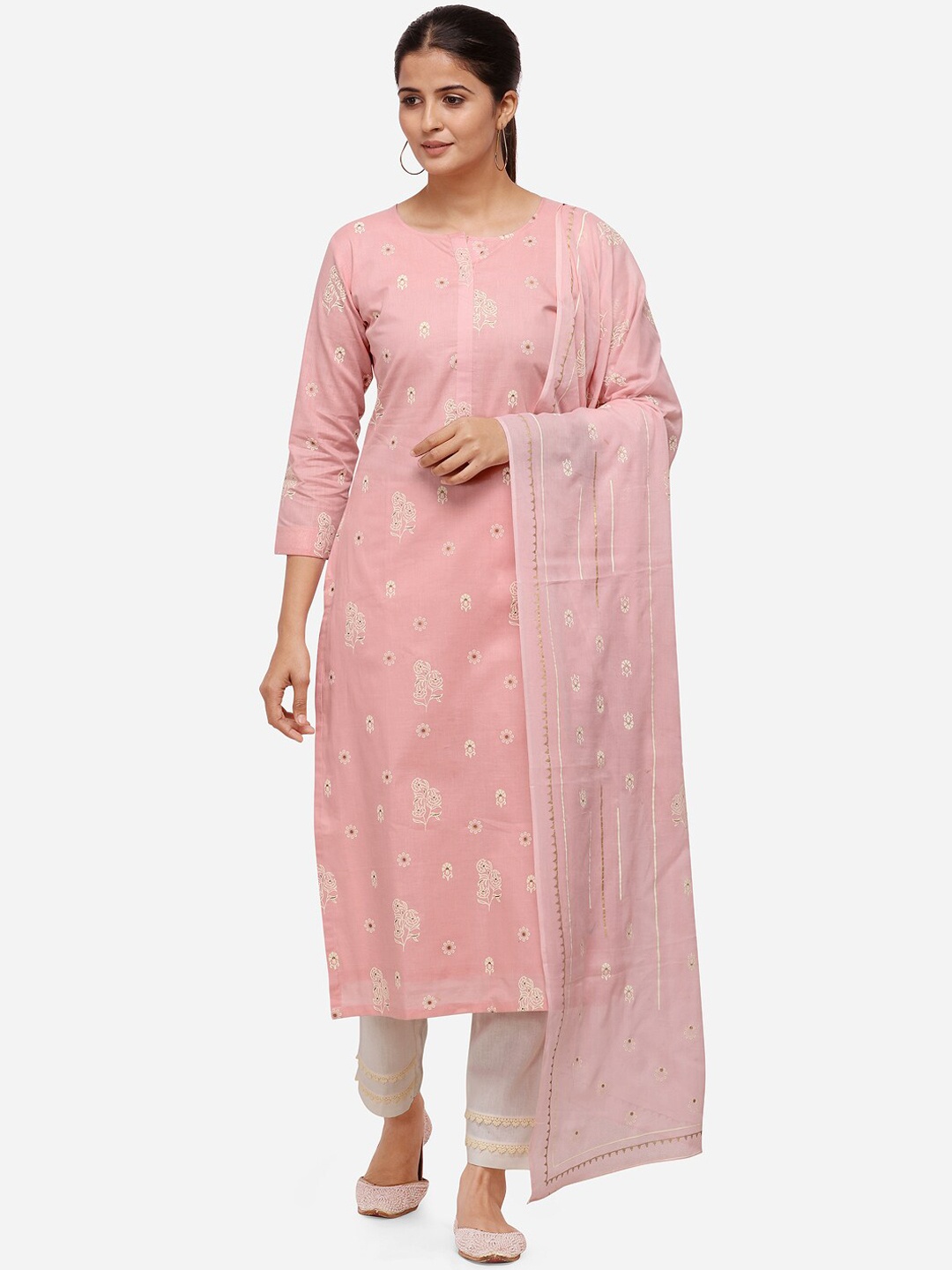 

Kvsfab Pink & White Cotton Blend Unstitched Dress Material