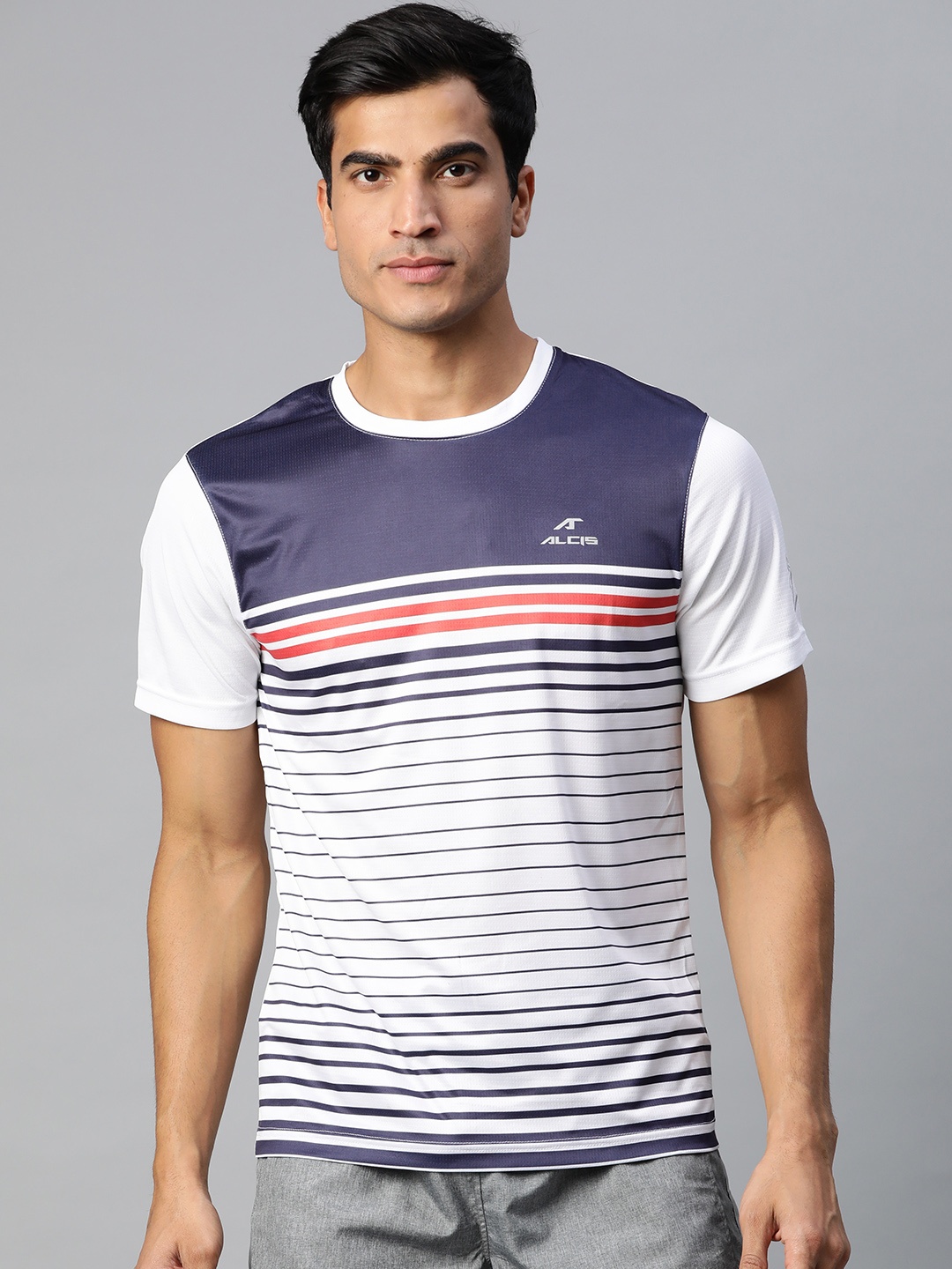 

Alcis Men White & Blue Striped Round Neck T-shirt