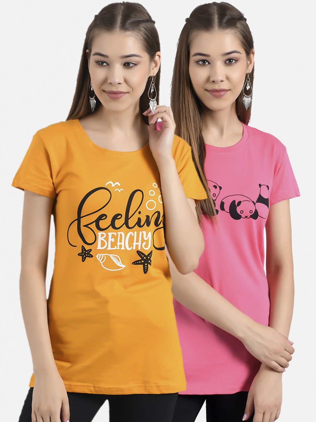 

Kotty Women Pack of 2 Printed Round Neck T-shirts, Yellow
